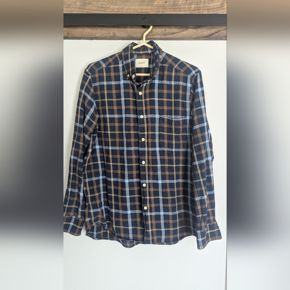 Cotton Plaid Button-Down Shirt in Navy and Brown
